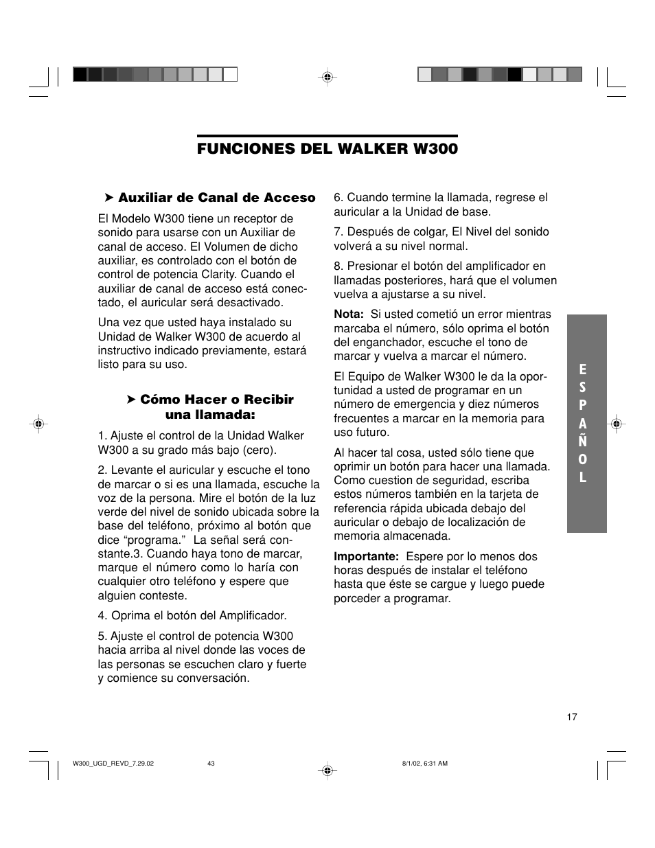 Funciones del walker w300 | Walker W300 User Manual | Page 43 / 80