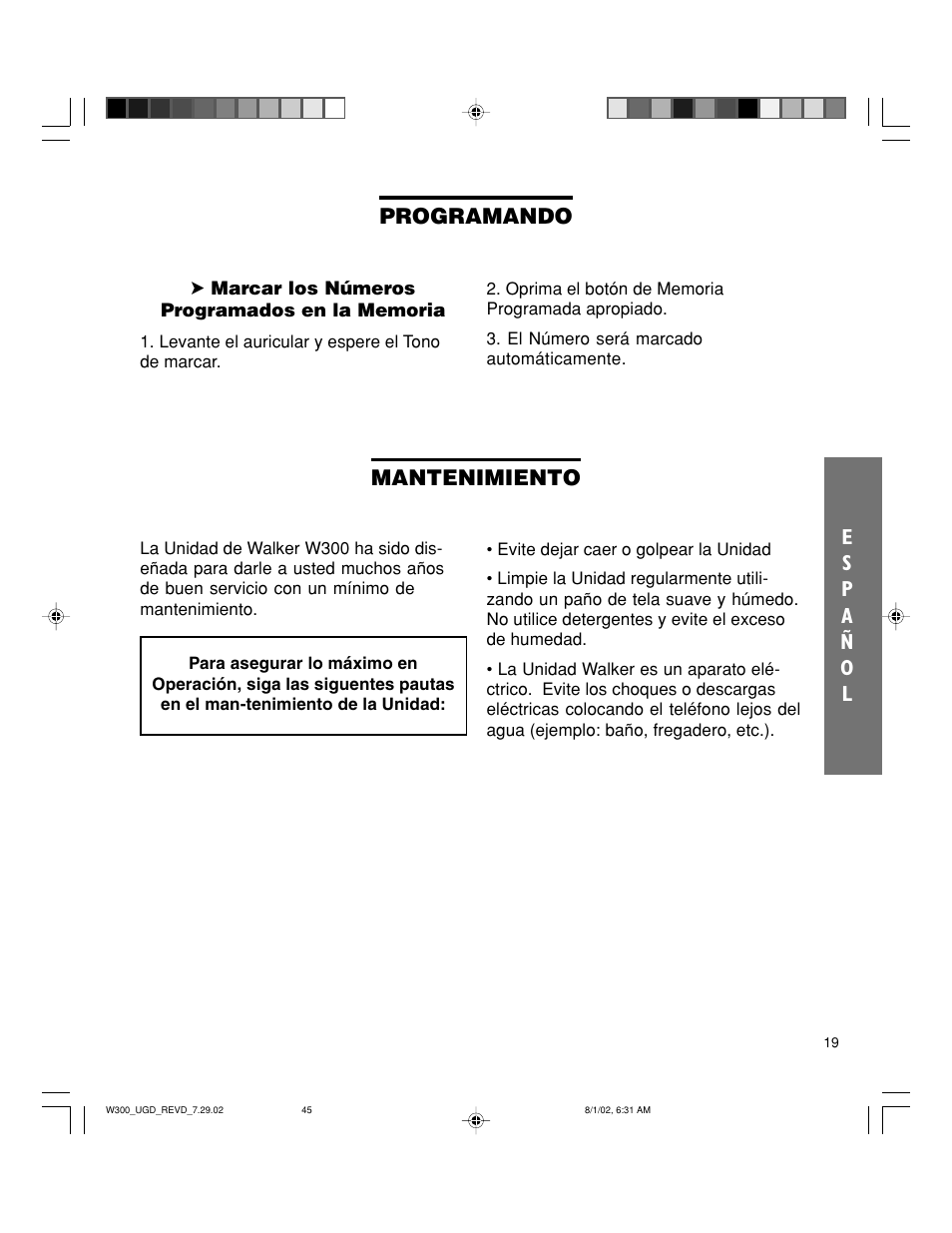 Programando, Mantenimiento | Walker W300 User Manual | Page 45 / 80