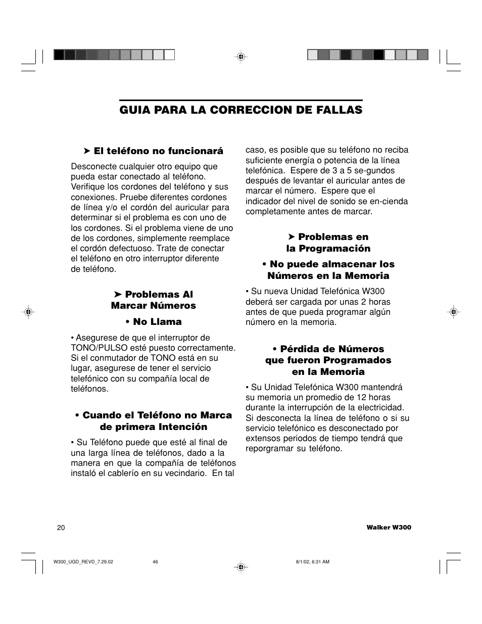 Guia para la correccion de fallas | Walker W300 User Manual | Page 46 / 80