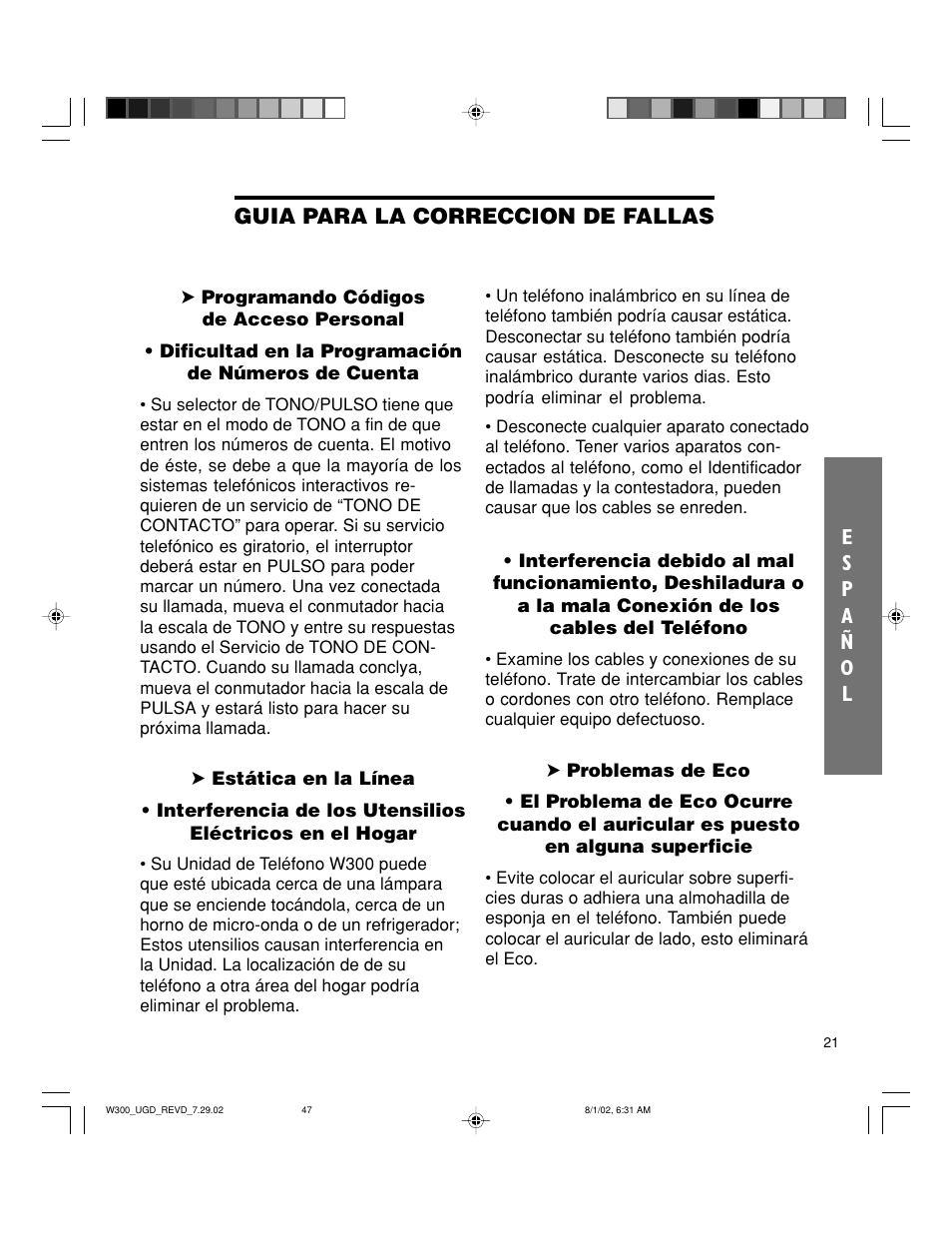 Guia para la correccion de fallas | Walker W300 User Manual | Page 47 / 80