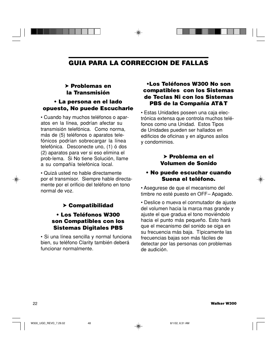 Guia para la correccion de fallas | Walker W300 User Manual | Page 48 / 80