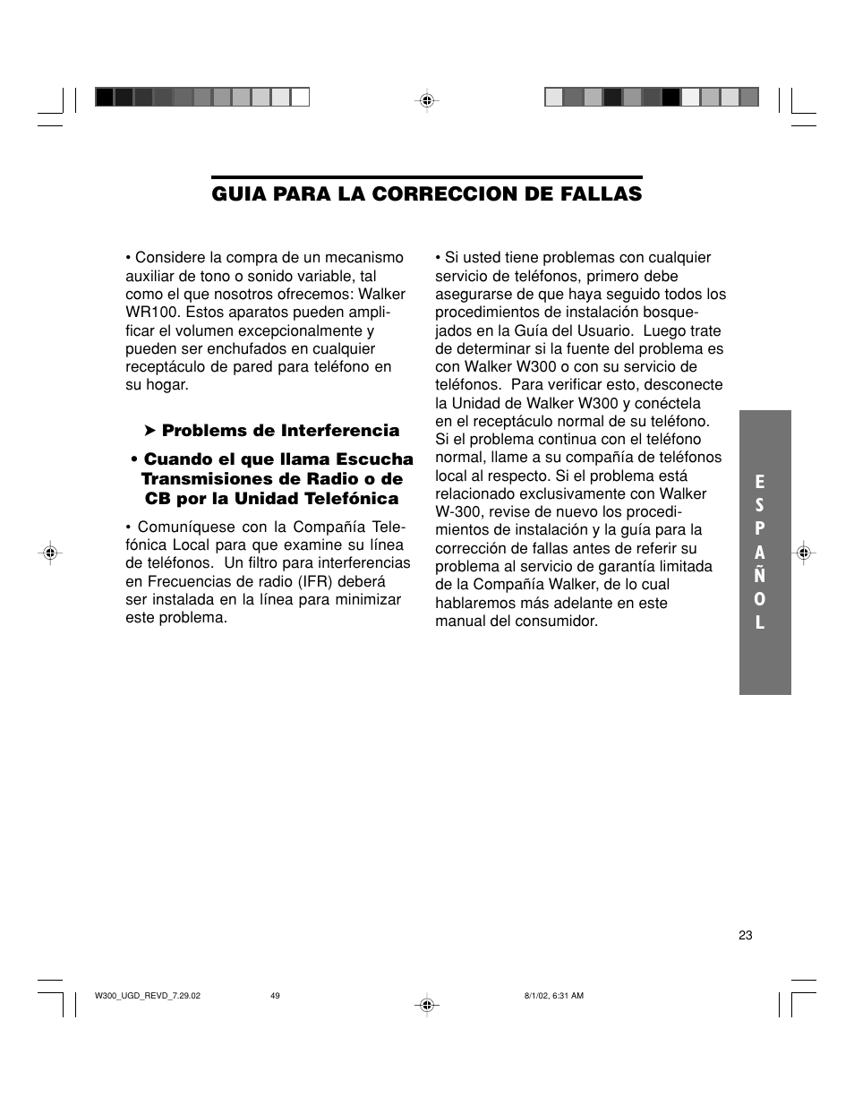 Guia para la correccion de fallas | Walker W300 User Manual | Page 49 / 80