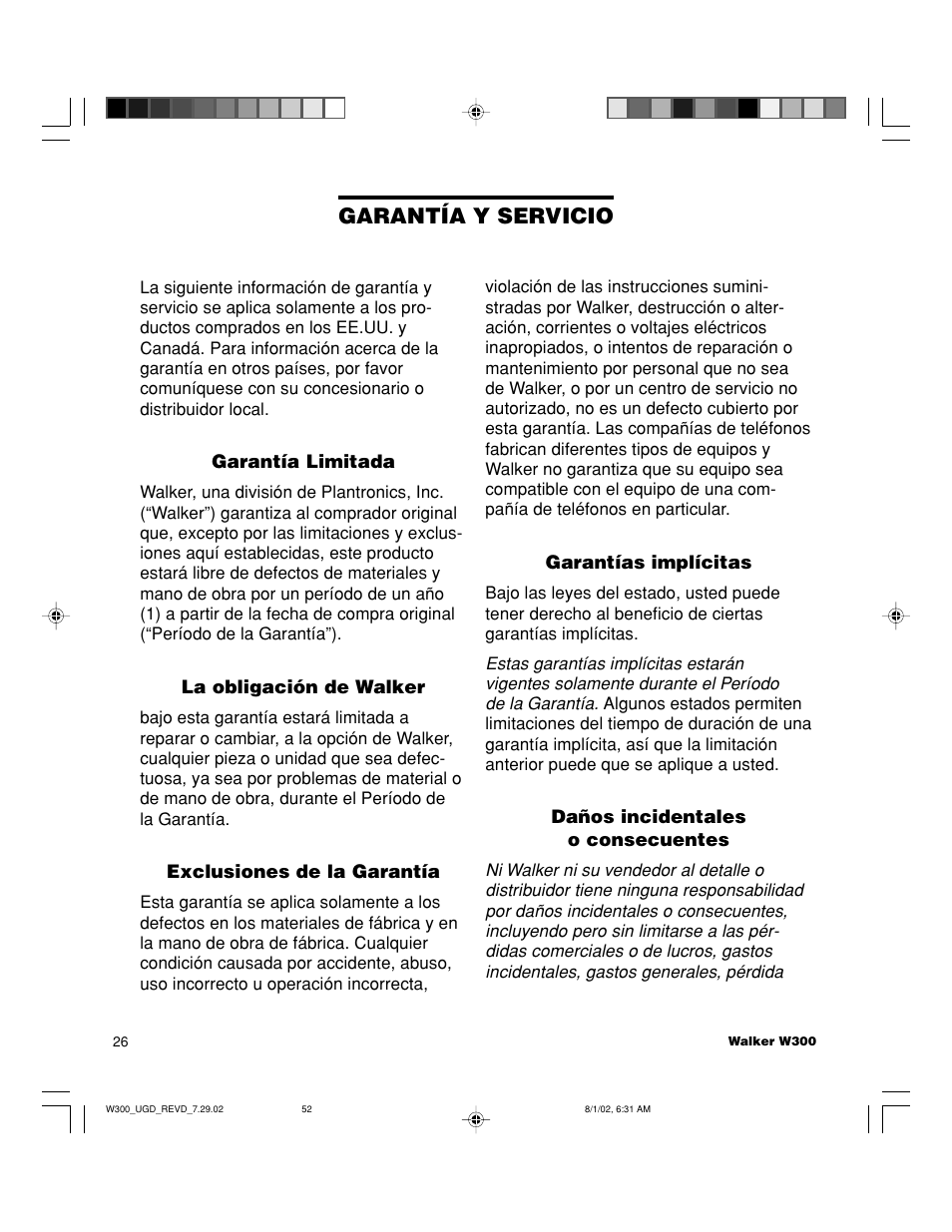 Garantía y servicio | Walker W300 User Manual | Page 52 / 80