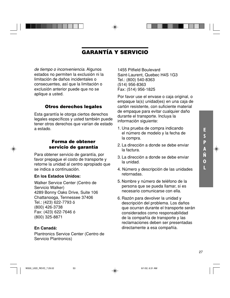 Garantía y servicio | Walker W300 User Manual | Page 53 / 80