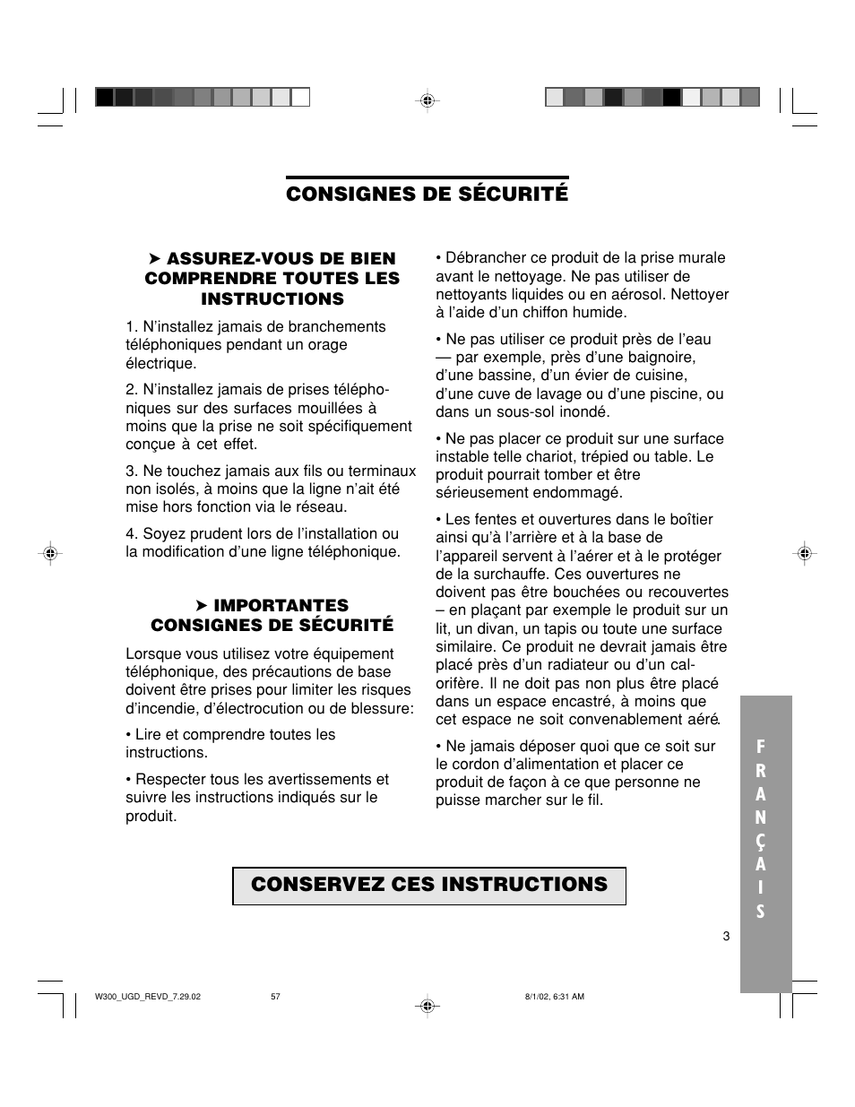 Consignes de sécurité conservez ces instructions | Walker W300 User Manual | Page 57 / 80