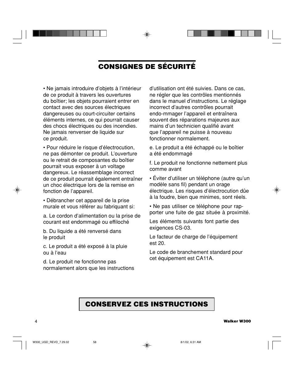 Conservez ces instructions, Consignes de sécurité | Walker W300 User Manual | Page 58 / 80