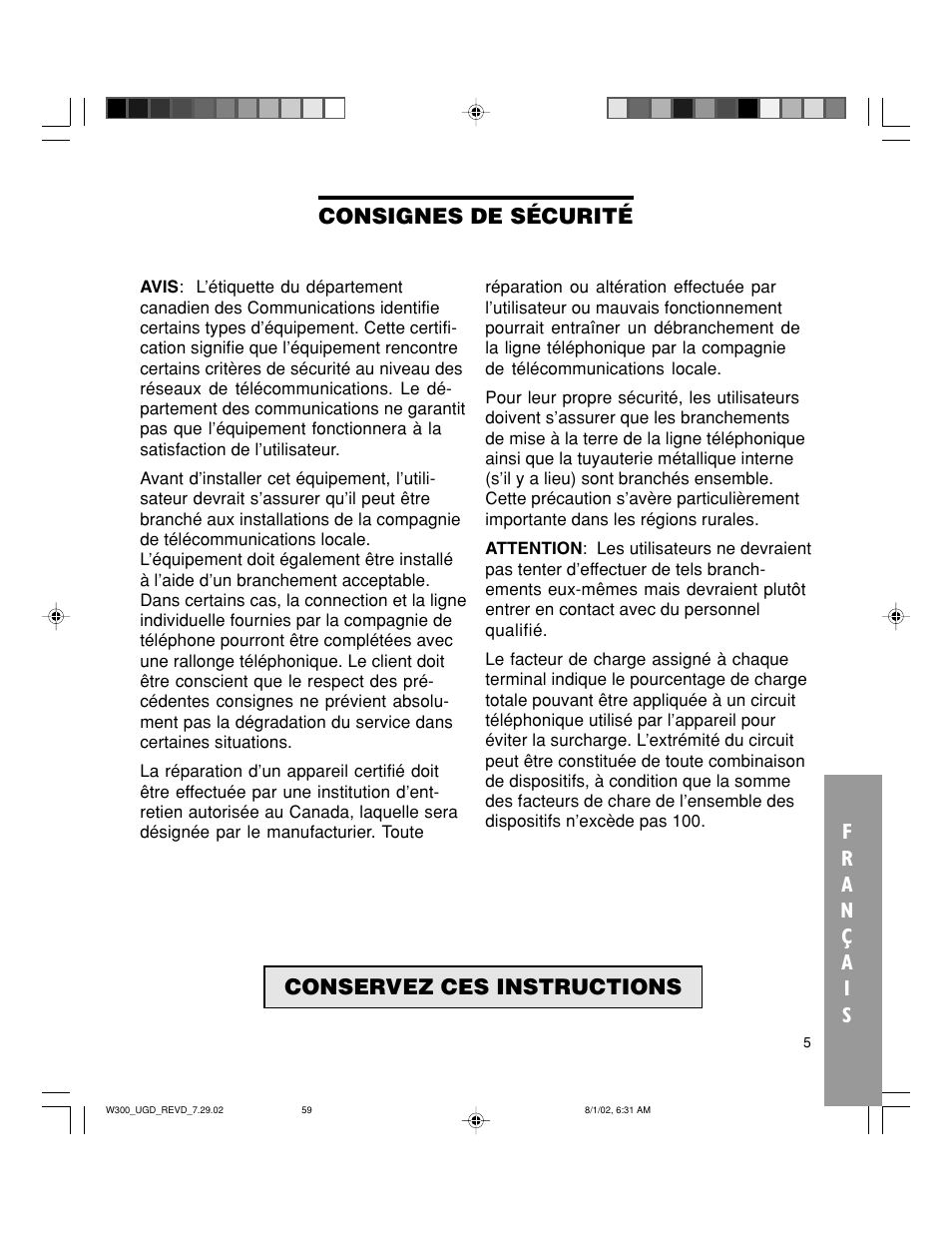 Conservez ces instructions, Consignes de sécurité | Walker W300 User Manual | Page 59 / 80