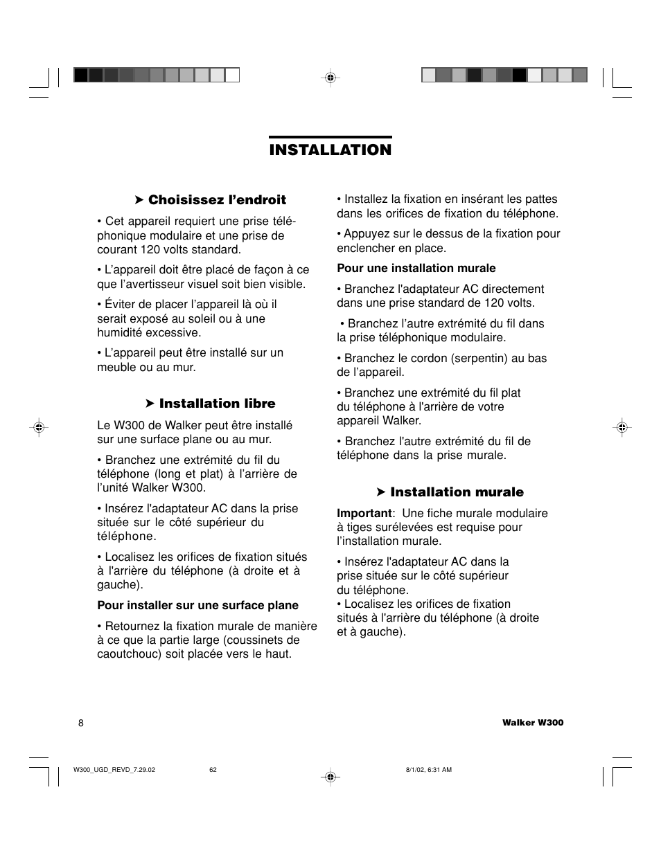 Installation | Walker W300 User Manual | Page 62 / 80