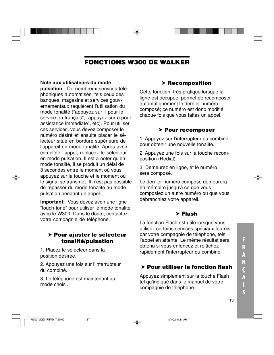 Fonctions w300 de walker | Walker W300 User Manual | Page 67 / 80