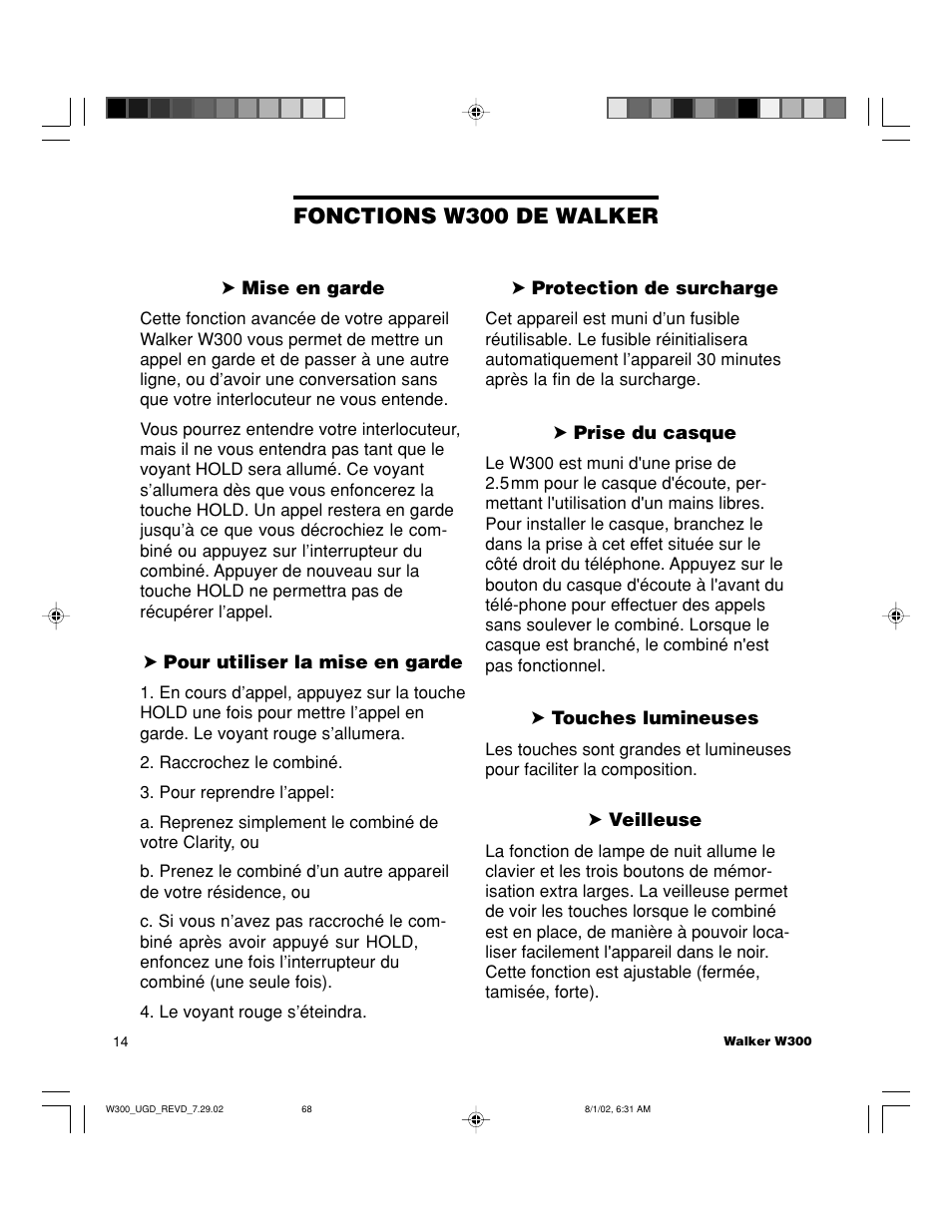 Fonctions w300 de walker | Walker W300 User Manual | Page 68 / 80