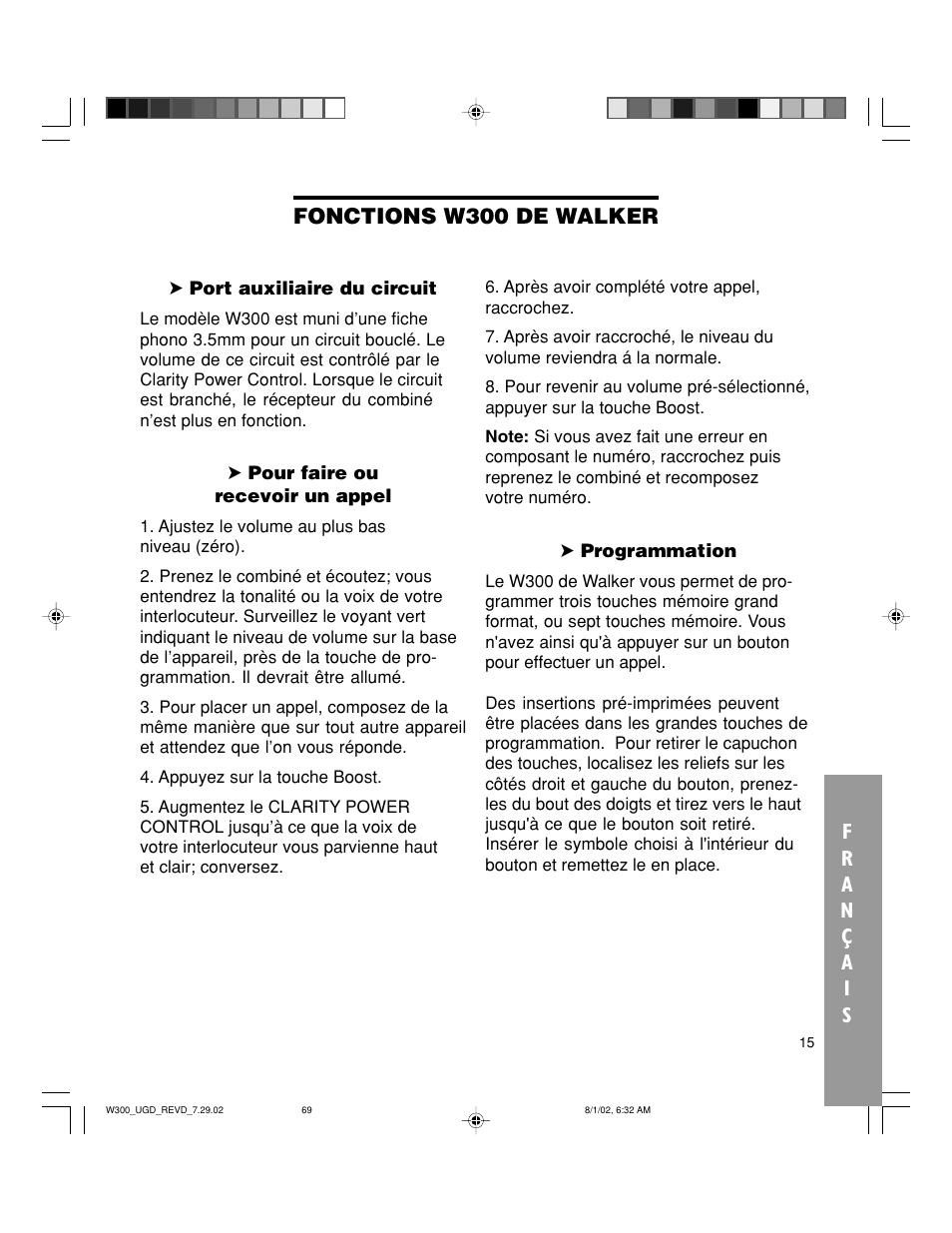 Fonctions w300 de walker | Walker W300 User Manual | Page 69 / 80