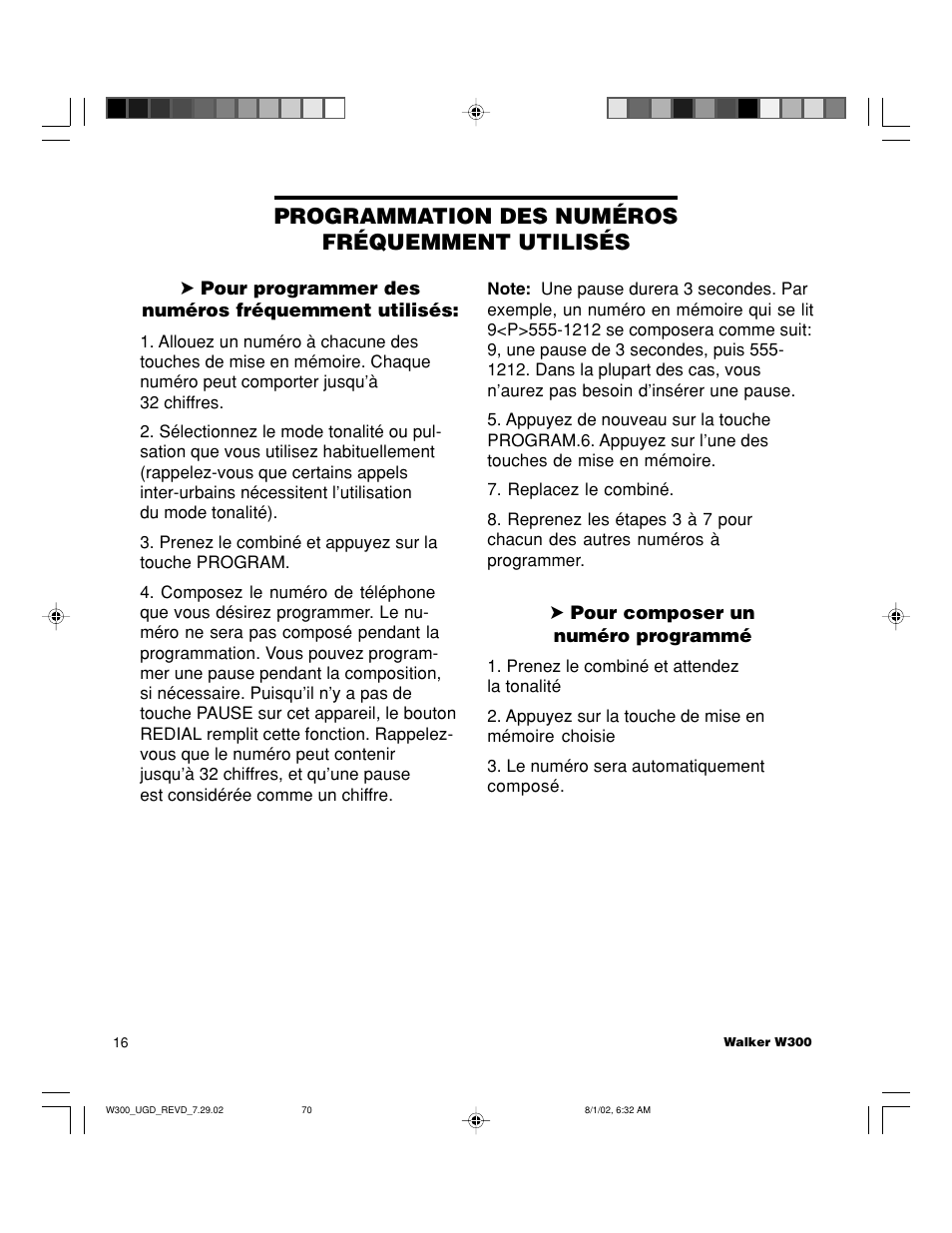 Programmation des numéros fréquemment utilisés | Walker W300 User Manual | Page 70 / 80