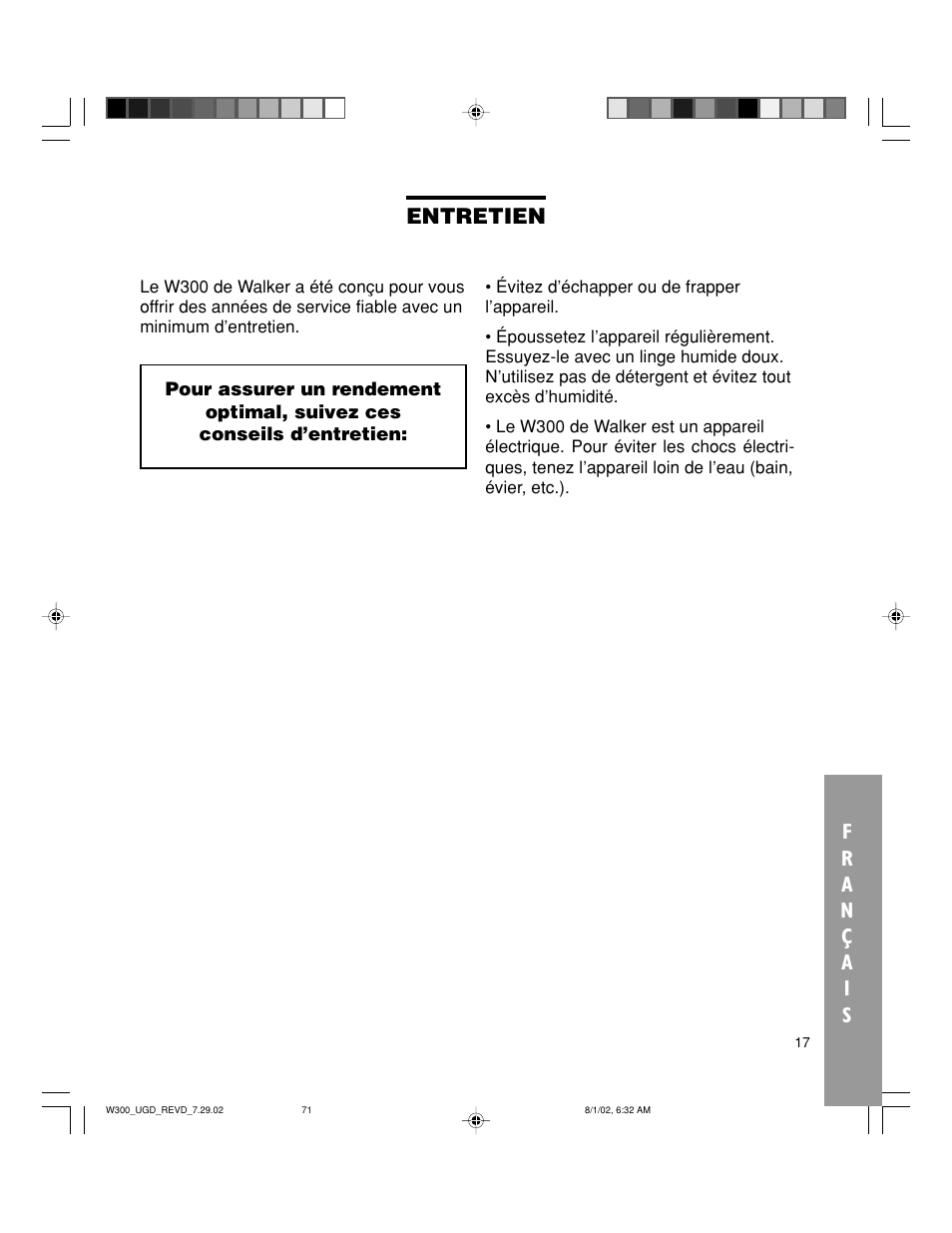 Entretien | Walker W300 User Manual | Page 71 / 80