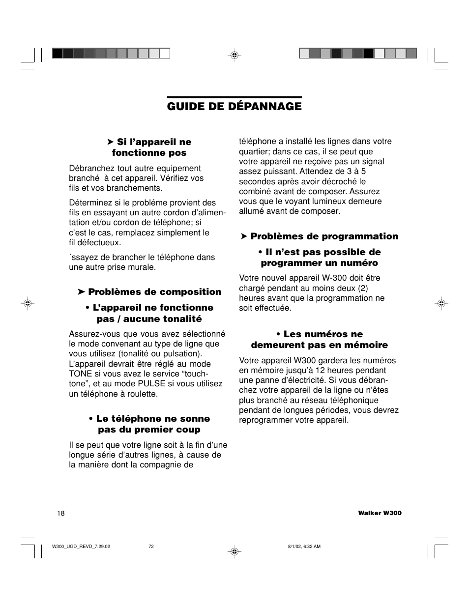 Guide de dépannage | Walker W300 User Manual | Page 72 / 80