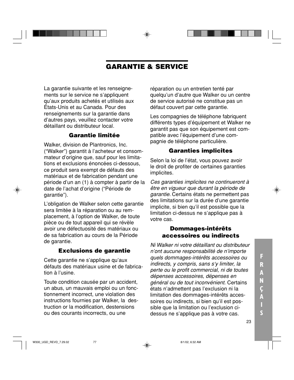 Garantie & service | Walker W300 User Manual | Page 77 / 80