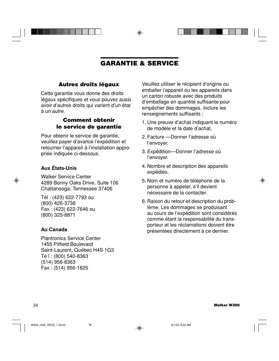 Garantie & service | Walker W300 User Manual | Page 78 / 80