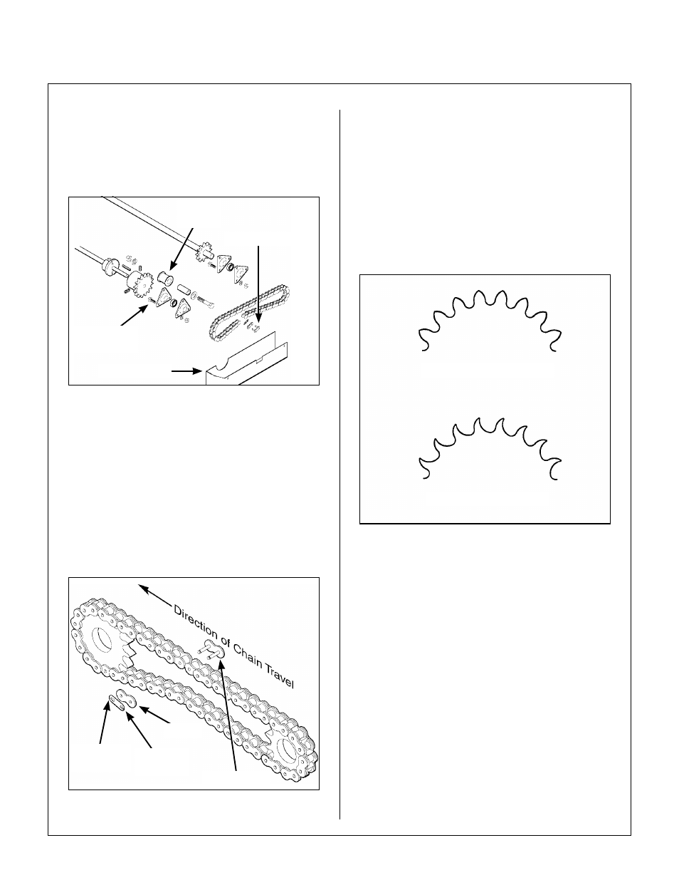 Remove chain guard and loosen chain tension, Replace drive chain, Rotary broom drive sprocket | Sprocket wear, Maintenance instructions | Walker IMPLEMENT HITCH SB6670 User Manual | Page 58 / 92