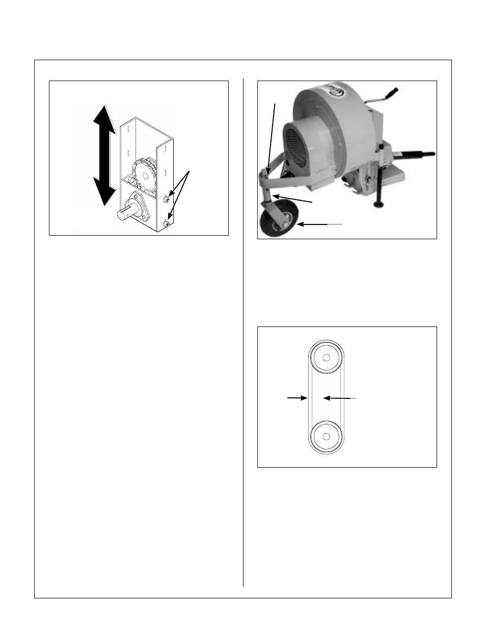 Reduction chain tension adjustment, Debris blower front gauge wheel, Gauge wheel height adjustment | Debris blower drive belt tension, Proper drive belt deflection, Maintenance instructions | Walker IMPLEMENT HITCH SB6670 User Manual | Page 65 / 92