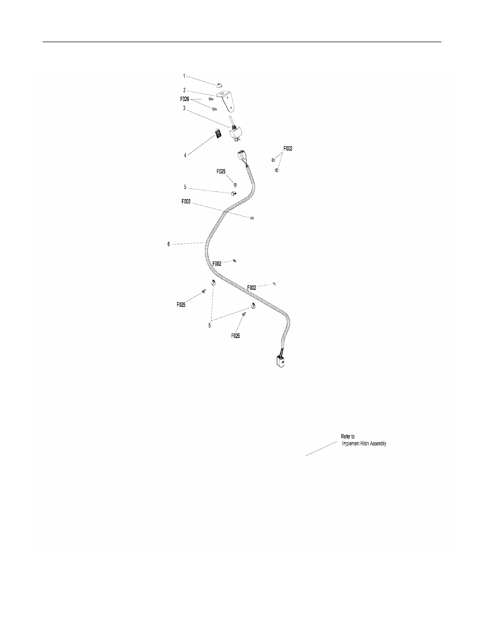 Implement hitch electrical components, Switch boot (fits p/n 6623), Switch mount bracket | Lift control switch, Decal, implement hitch, Cable clamp (1/2), Wiring harness, actuator, Implement hitch electrical package, F002, 24 keps nut | Walker IMPLEMENT HITCH SB6670 User Manual | Page 75 / 92