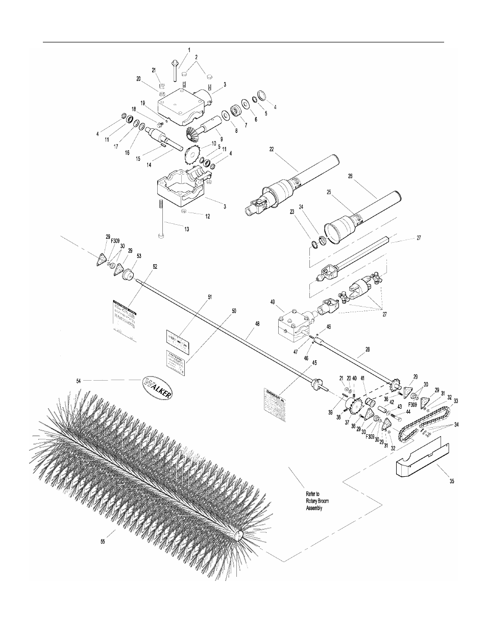 Rotary broom drive components, Dipstick plug (rad 661741), M8 x 45 bolt | Casing (rad 661740), Oil seal (rad 661730), Snap ring (rad 661734), 6 x 0.6 shim (rad 661733), Bearing (rad 661732), 6 x 0.7 shim (rad 661731), Pinion, 29m3.5 (rad 661735) | Walker IMPLEMENT HITCH SB6670 User Manual | Page 81 / 92