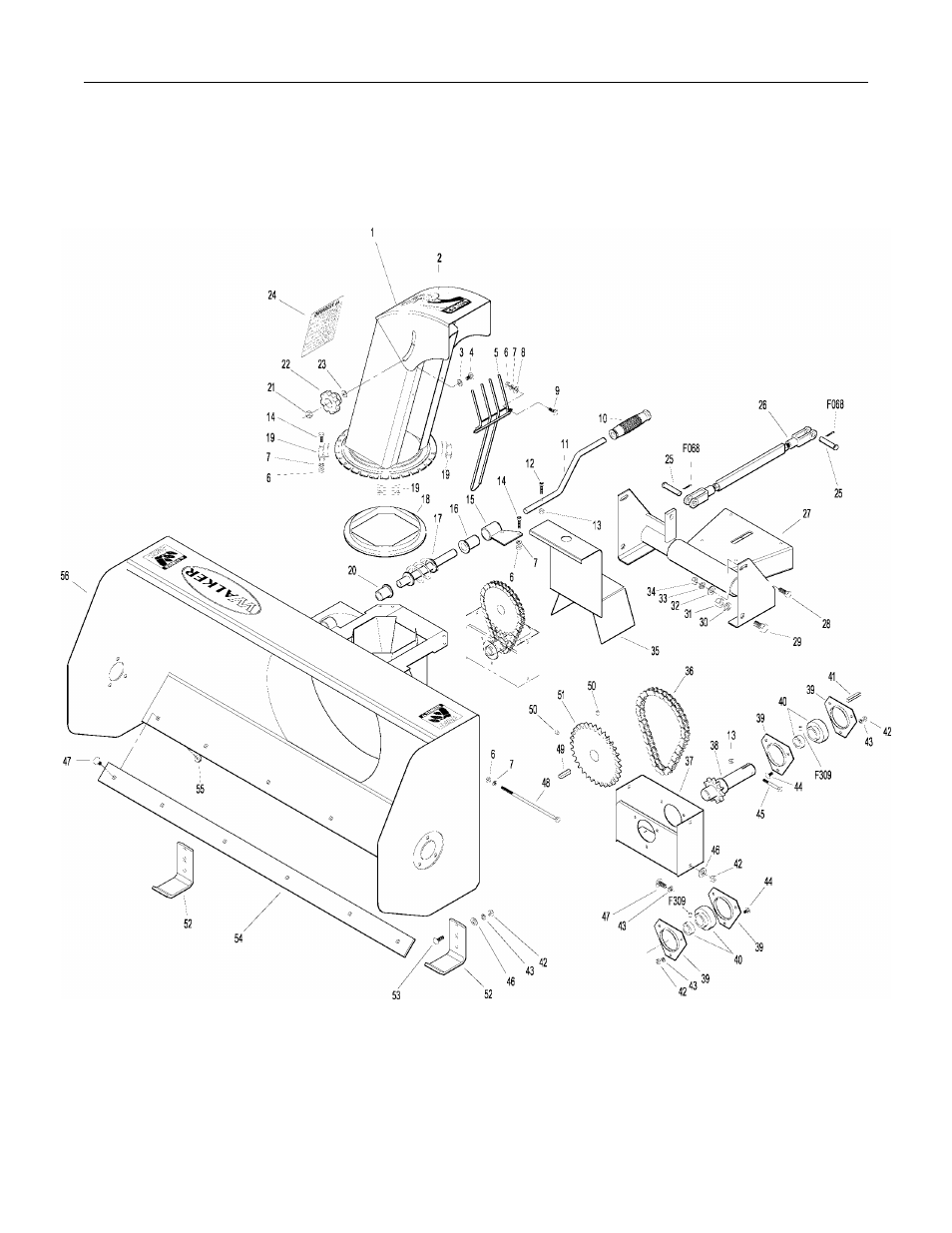 Snowblower housing components, Chute, base and knobs (with decals), Rad 661168) | I396, Decal, keep hands out, I172, 7/16 nylon washer, 5/16-nc x 1 carriage bolt, I175, Hand guard | Walker IMPLEMENT HITCH SB6670 User Manual | Page 83 / 92