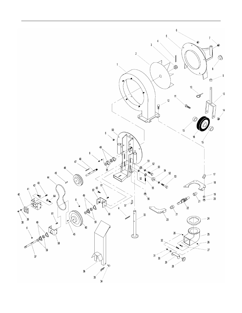 Debris blower components, I402, Impeller housing | Impeller (rad 662644), 14 castel nut (rad 654988), 3/16 x 2 cotter pin, Intake cover (rad 662646), 5/16-nc flange nut, Grease fitting, Cap (rad 662825) | Walker IMPLEMENT HITCH SB6670 User Manual | Page 87 / 92