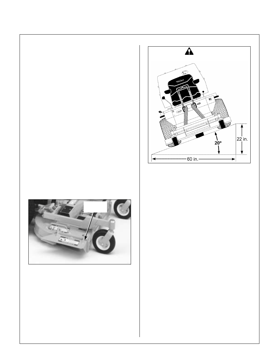 Side discharge shield in lowest position, Maximum recommended side slope, Operating instructions | Walker MS (13 HP) User Manual | Page 37 / 72