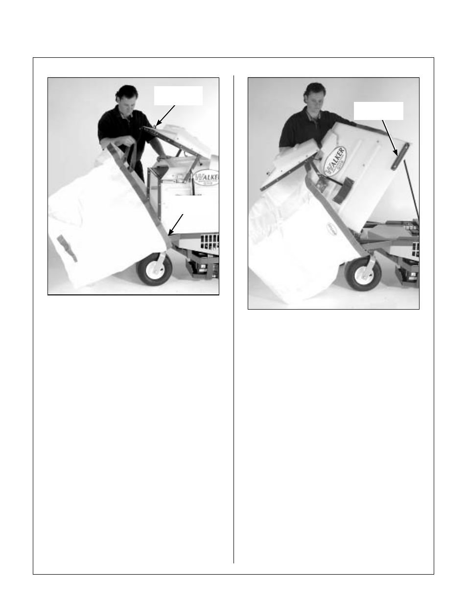 Positioning dump bag on catcher, Dumping catcher into dump bag, Operating instructions | Walker MS (13 HP) User Manual | Page 43 / 72