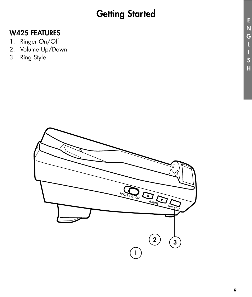 Getting started, W425 features, Ringer on/off 2. volume up/down 3. ring style | Walker W425 User Manual | Page 10 / 78