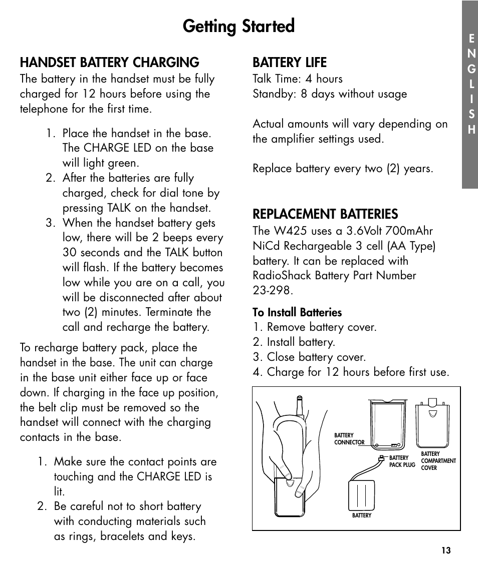 Getting started, Handset battery charging, Battery life | Replacement batteries | Walker W425 User Manual | Page 14 / 78