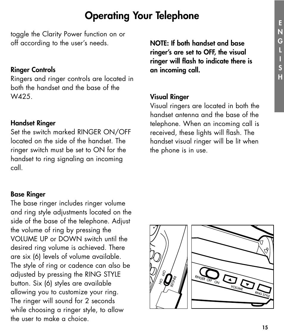 Operating your telephone | Walker W425 User Manual | Page 16 / 78