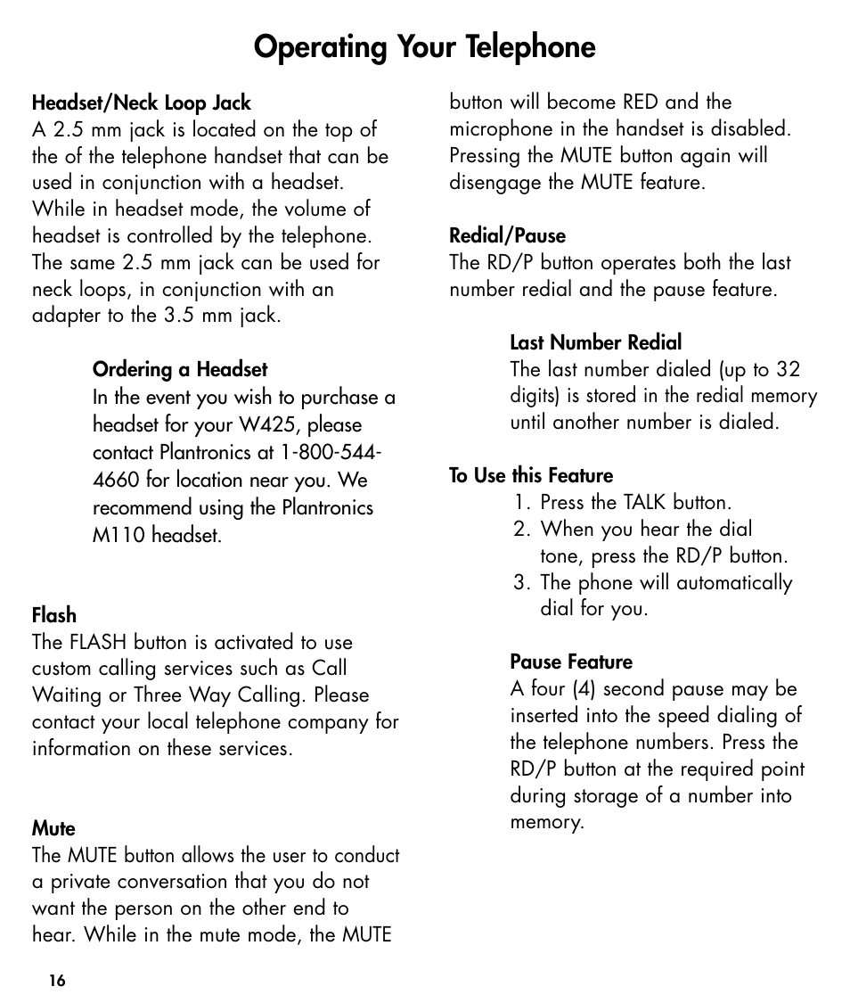 Operating your telephone | Walker W425 User Manual | Page 17 / 78