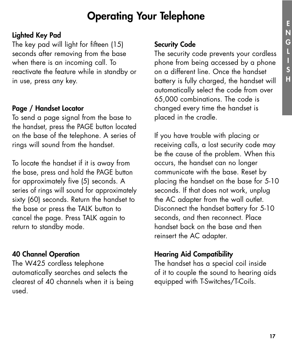 Operating your telephone | Walker W425 User Manual | Page 18 / 78