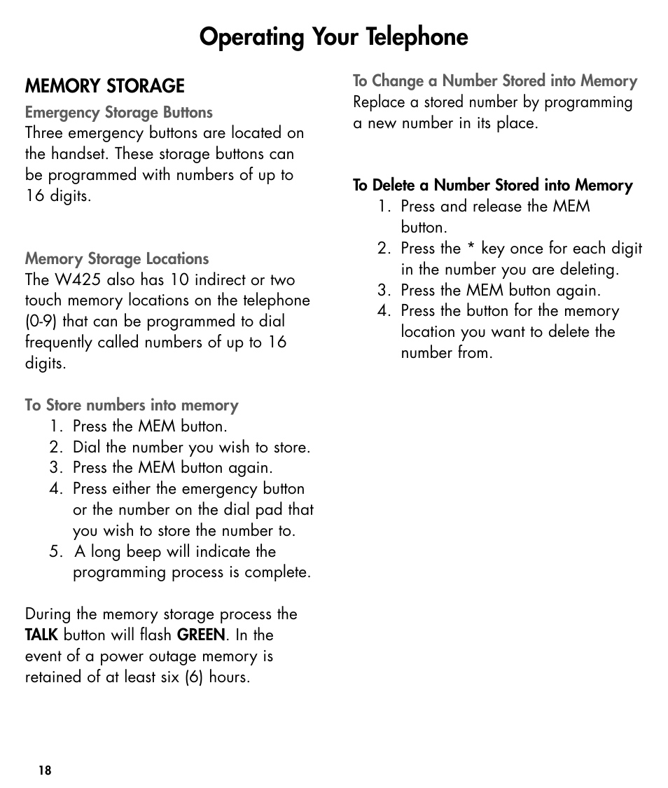 Operating your telephone | Walker W425 User Manual | Page 19 / 78