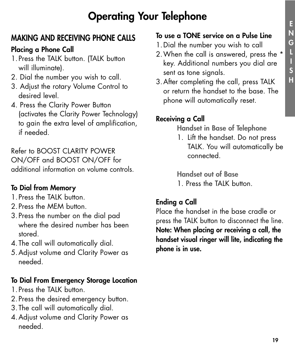 Operating your telephone, Making and receiving phone calls | Walker W425 User Manual | Page 20 / 78