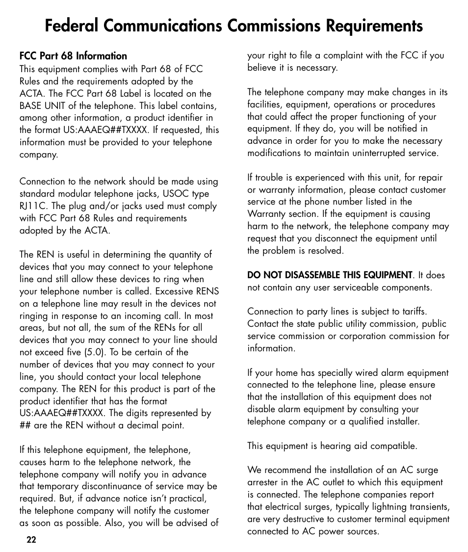 Federal communications commissions requirements | Walker W425 User Manual | Page 23 / 78