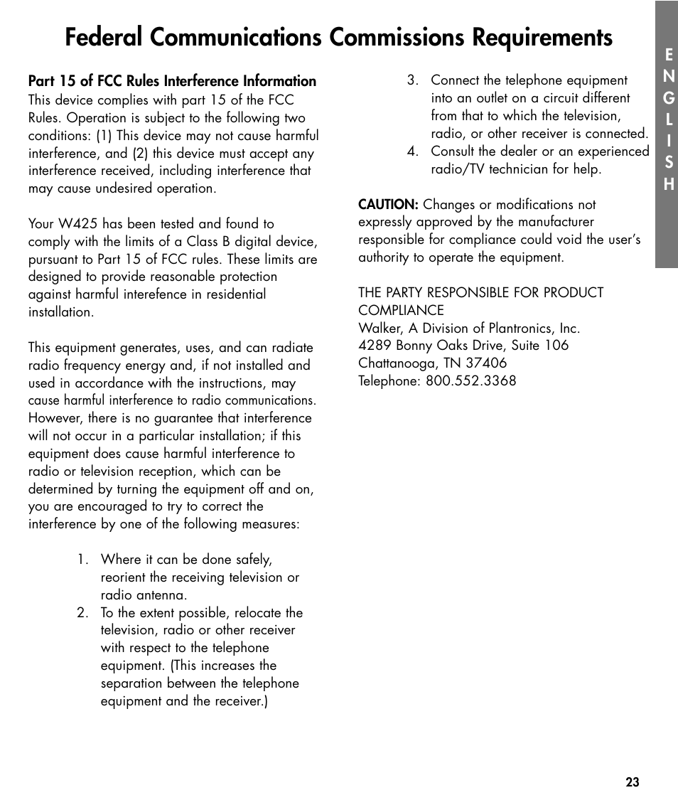 Federal communications commissions requirements | Walker W425 User Manual | Page 24 / 78