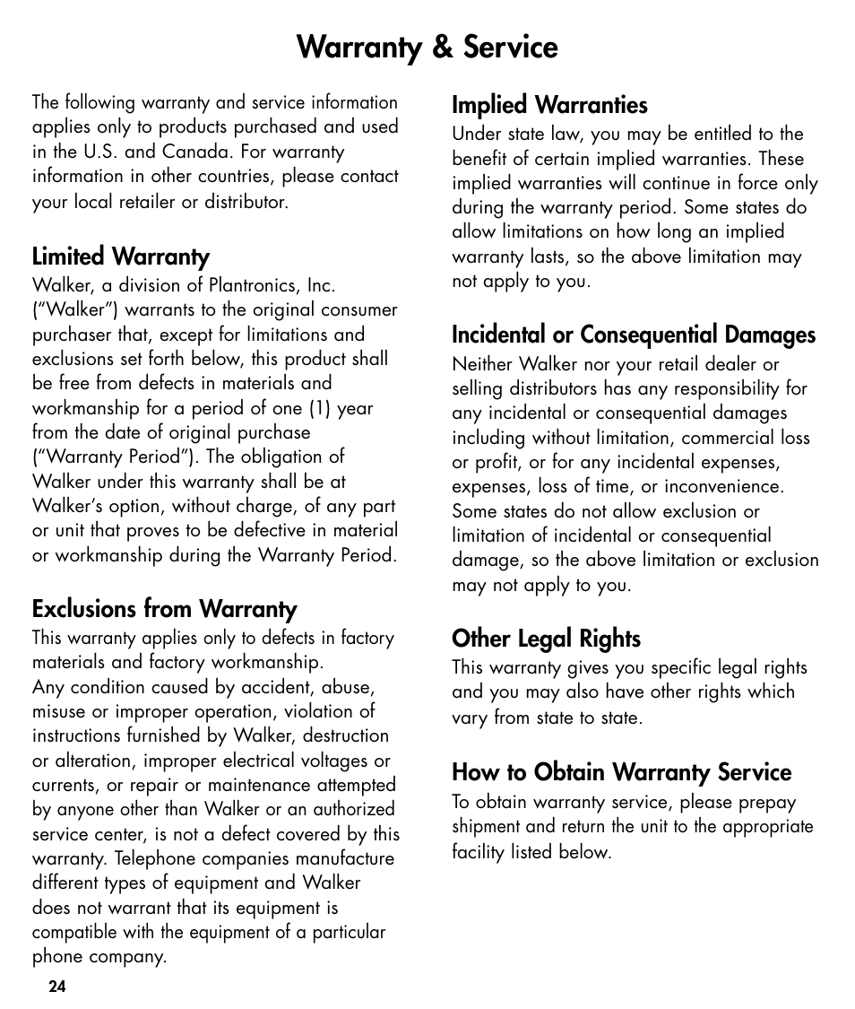 Warranty & service | Walker W425 User Manual | Page 25 / 78