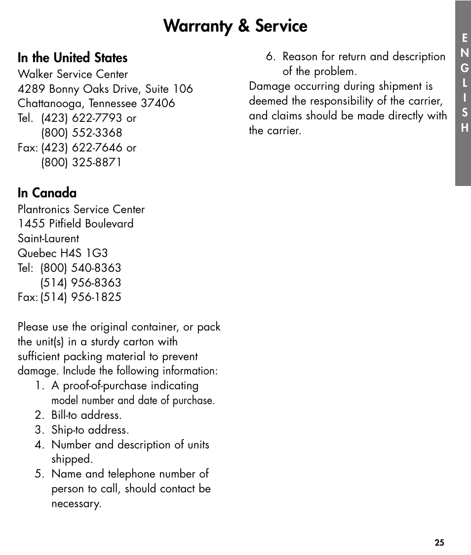 Warranty & service | Walker W425 User Manual | Page 26 / 78