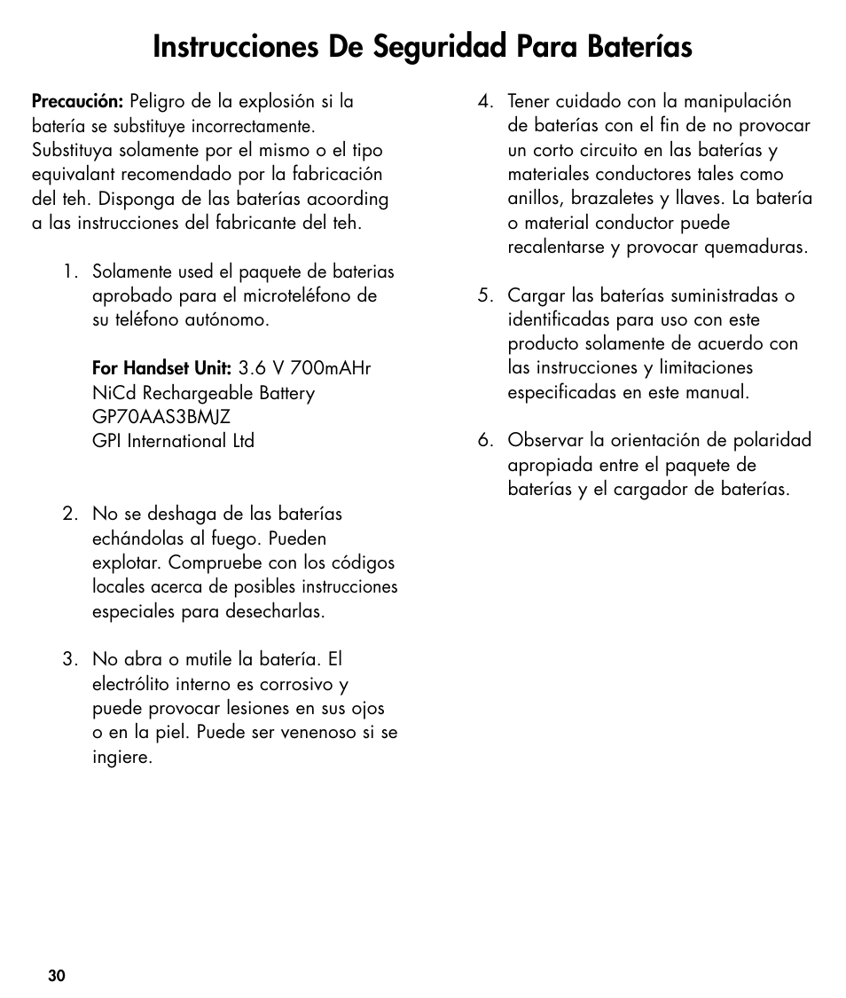 Instrucciones de seguridad para baterías | Walker W425 User Manual | Page 31 / 78