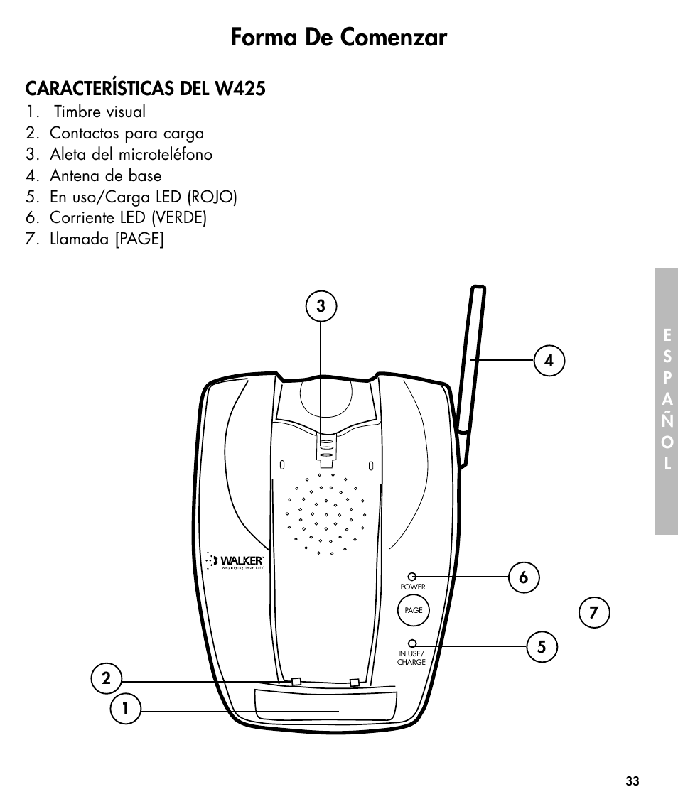 Forma de comenzar, Características del w425 | Walker W425 User Manual | Page 34 / 78