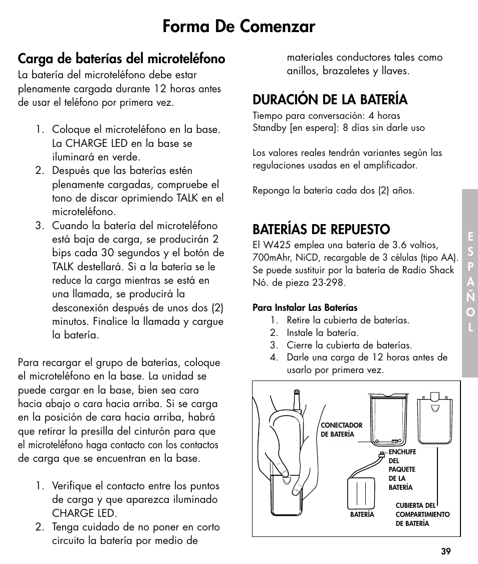 Forma de comenzar, Carga de baterías del microteléfono, Duración de la batería | Baterías de repuesto | Walker W425 User Manual | Page 40 / 78