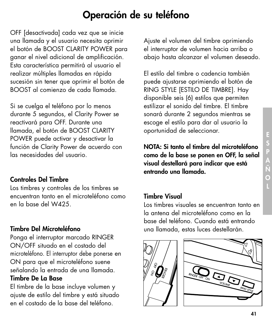 Operación de su teléfono, Controles del timbre, Timbre del microteléfono | Timbre de la base, Timbre visual | Walker W425 User Manual | Page 42 / 78