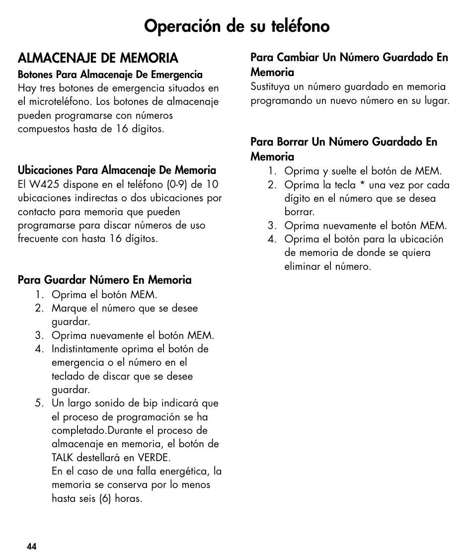 Operación de su teléfono | Walker W425 User Manual | Page 45 / 78