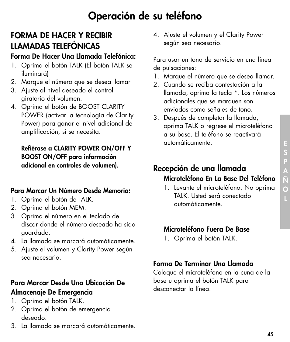 Operación de su teléfono, Forma de hacer y recibir llamadas telefónicas, Recepción de una llamada | Walker W425 User Manual | Page 46 / 78