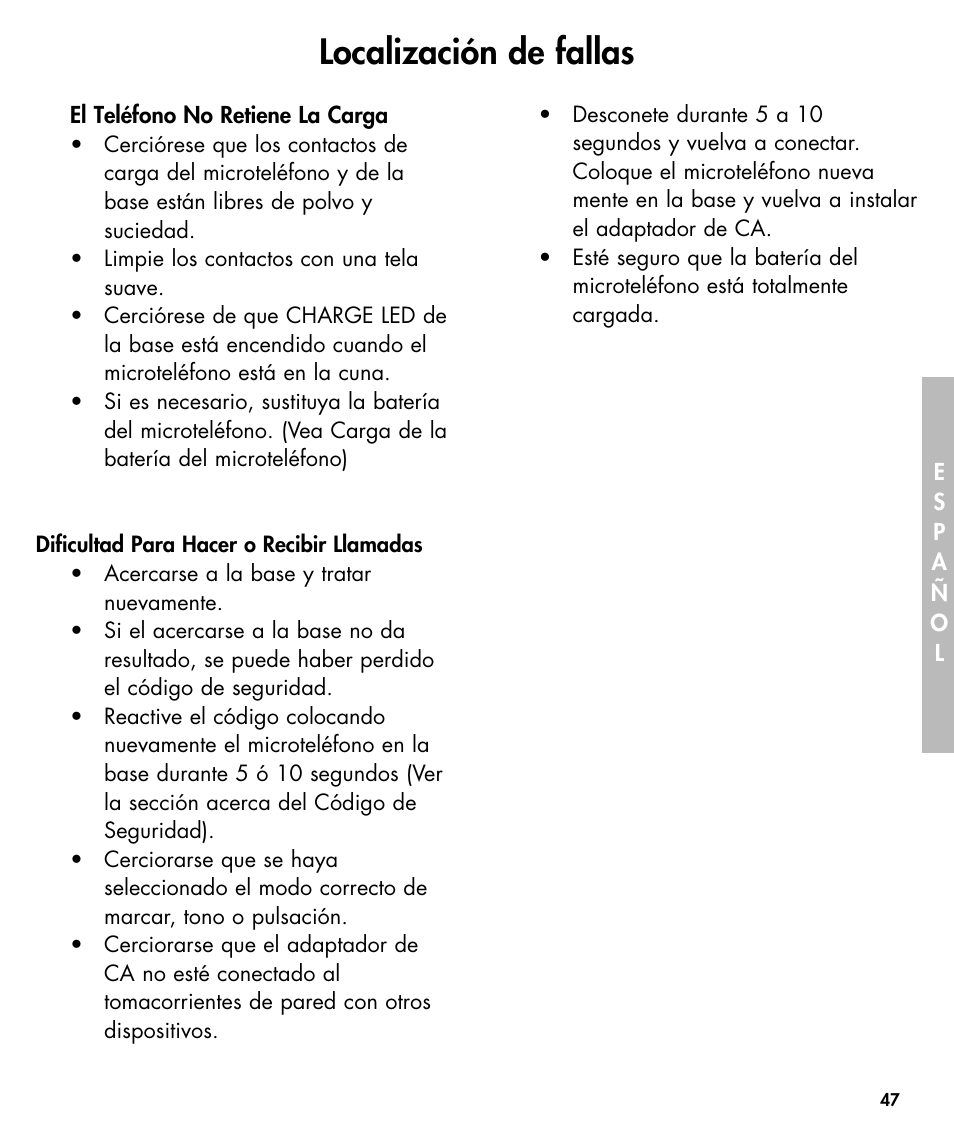 Localización de fallas | Walker W425 User Manual | Page 48 / 78