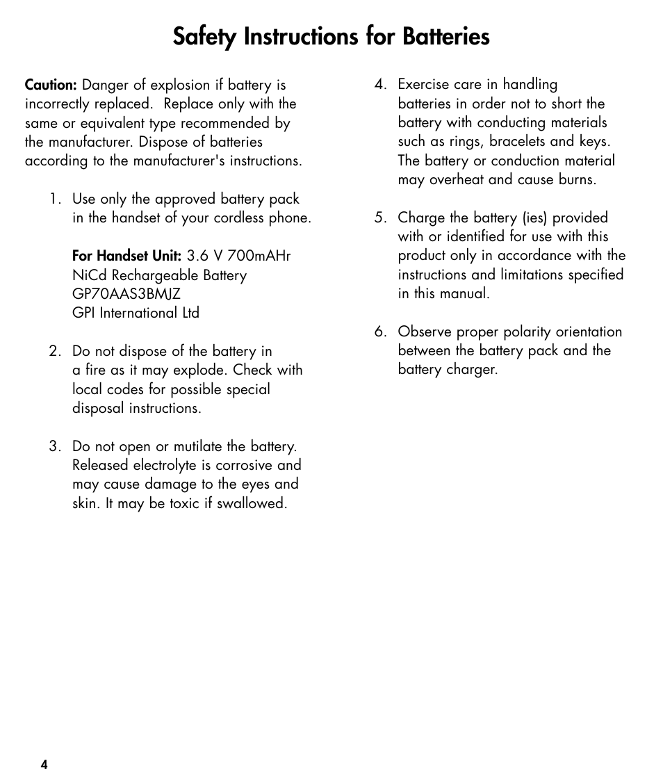 Safety instructions for batteries | Walker W425 User Manual | Page 5 / 78