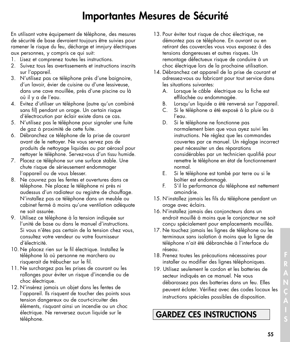 Importantes mesures de sécurité, Gardez ces instructions | Walker W425 User Manual | Page 56 / 78