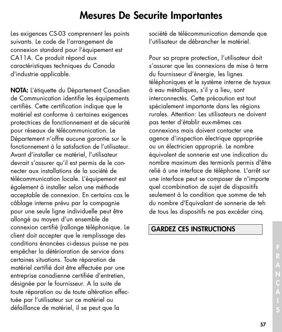 Mesures de securite importantes | Walker W425 User Manual | Page 58 / 78