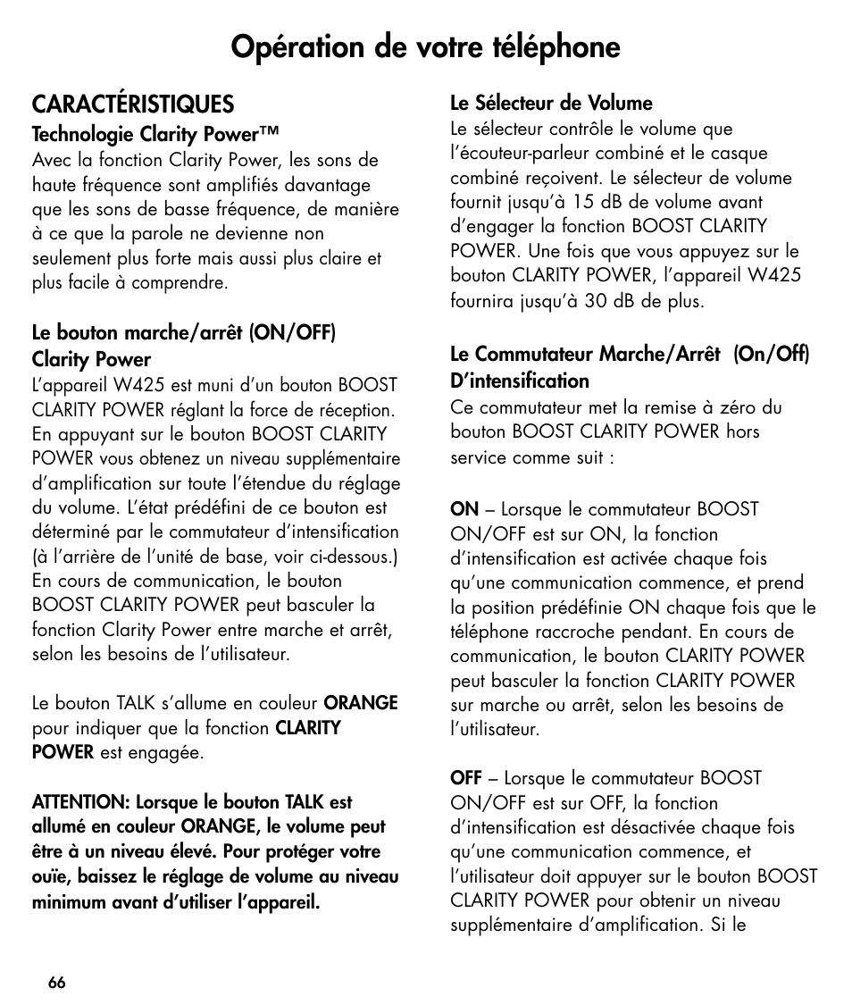 Opération de votre téléphone, Caractéristiques | Walker W425 User Manual | Page 67 / 78